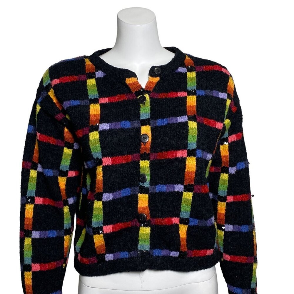 Vintage Janes Closet Rainbow Plaid Cardigan Sweater Womens Size S Button Up